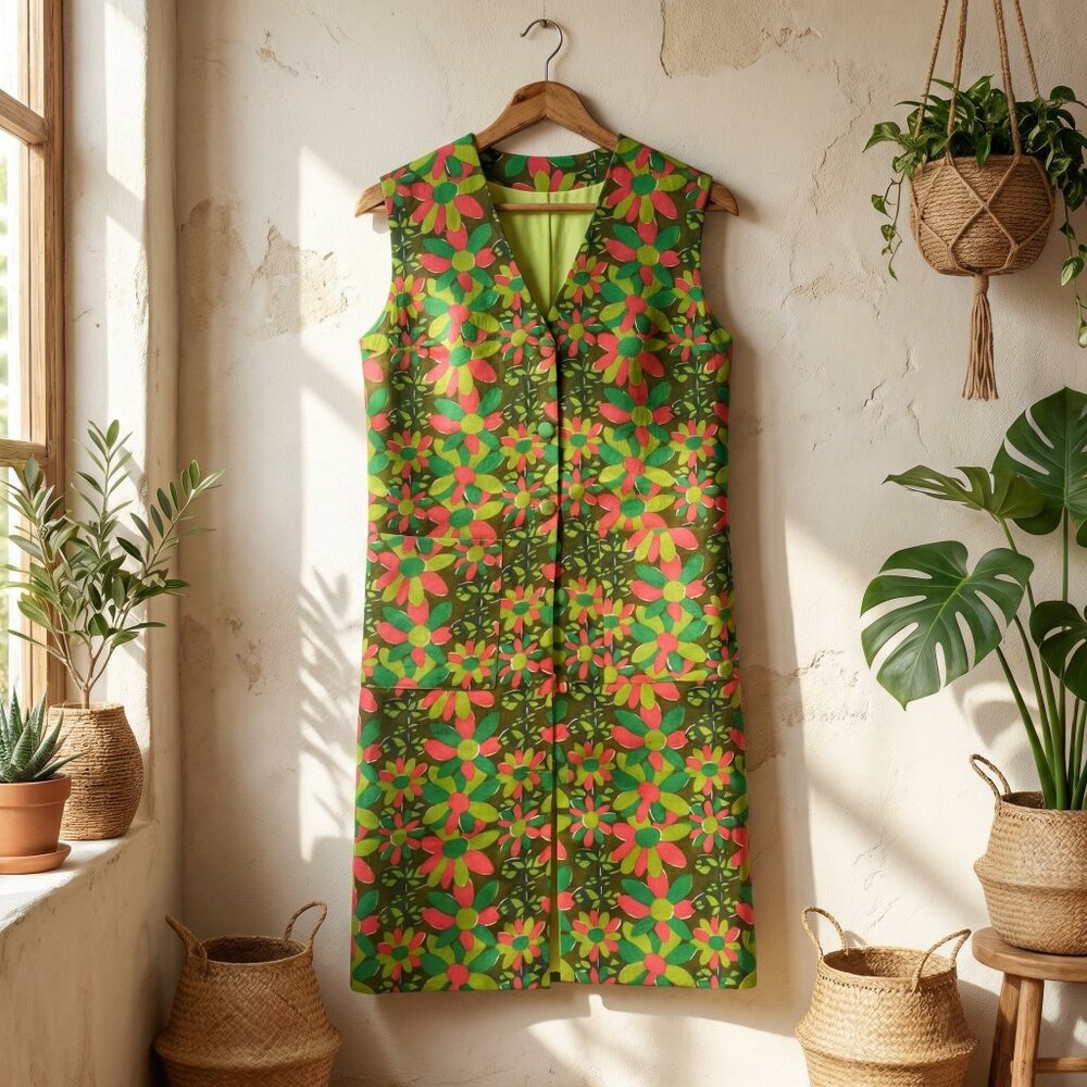 Vintage 60s Floral Sleeveless Housecoat Dress – Bold Retro Flower Print